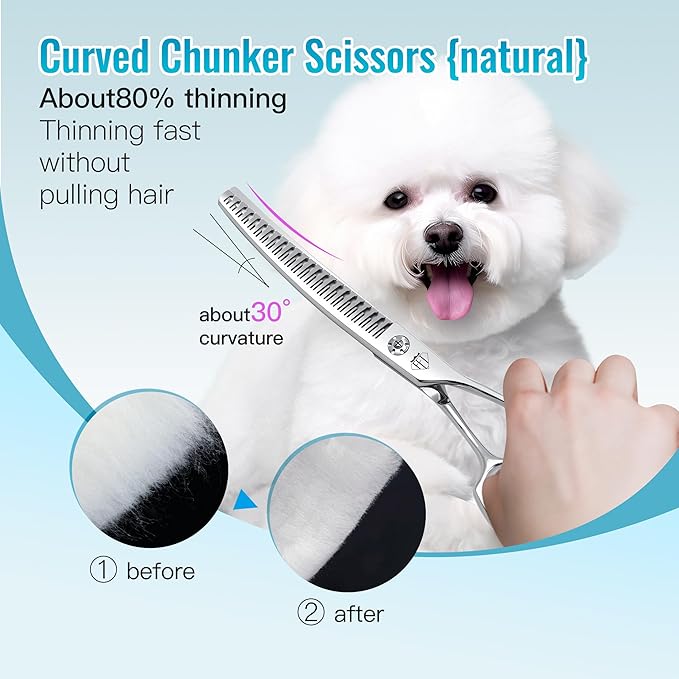 Professional Curved Thinning Scissors for Dog Grooming, 30-Degree Curvature, Japanese 440C for Trimming Dogs Cats and Other Pets face and paws (Curved Natural)