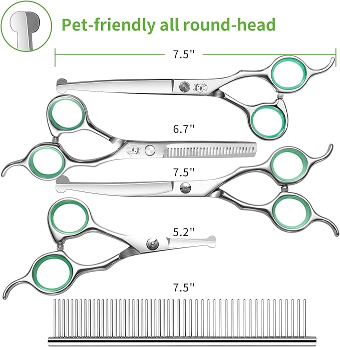 LovinPet Dog Grooming Scissors Set, all Safety Round Tips Professional 6 in 1 Germany Stainless Steel Dog Grooming Scissors Kit,Sharp and Durable Pet Grooming Shears for Dogs Cats for Home and Travel