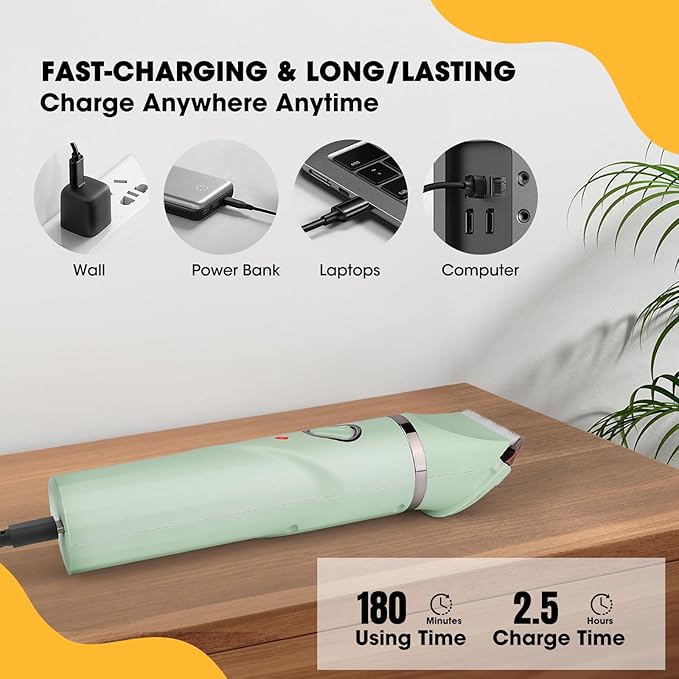 Upgrade Dog Grooming Kit, Cordless Dog Paw Trimmer, 4 in 1 Low Noise Pets Hair Clipper Grooming Kit, 2-Speed Nail Grinder with Stainless Steel Blade for Small Pet with Thick Coats (Green)