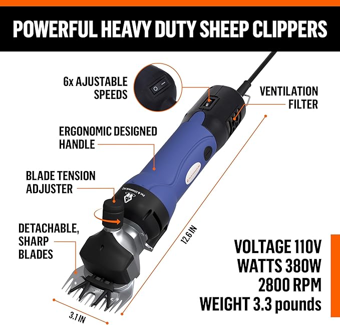 Sheep Shears Electric Clippers 2500RPM, 6-Speed Control - Heavy Duty Livestock Grooming Kit for Sheep, Goats, Alpacas, Llamas - Case, Low Vibration, 18.3ft Cord (2 Blades Included)
