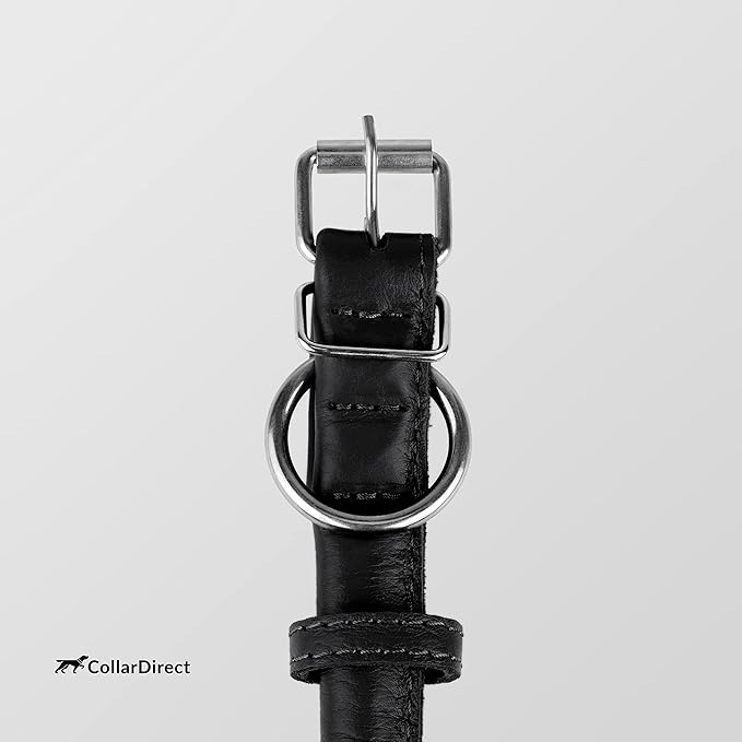CollarDirect Rolled Leather Dog Collar, Soft Padded Round Puppy Collar, Handmade Genuine Leather Collar Dog Small Large Cat Collars 13 Colors (13-16 Inch, Black Textured)