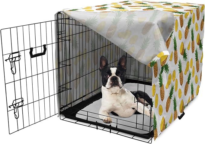 Lunarable Pineapple Dog Crate Cover, Sliced in Half Ananas Exotic Fruit Rhythmic Retro Look Print, Easy to Use Pet Kennel Cover for Small Dogs Puppies Kittens, 22 Inch, Mustard Fern Green