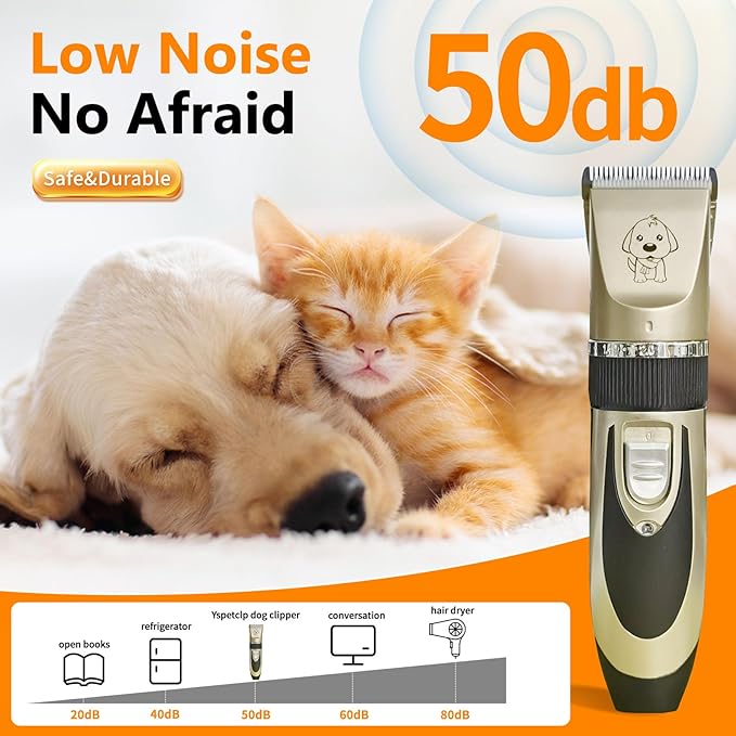 Dog Clippers for Grooming Cat Clippers Low Noise, Rechargeable, Cordless, Pet Shaver for Matted Hair, Quiet Animal Trimmer Pet Hair Thick Coats, for Dogs, Cats, Rabbits and Other Pets