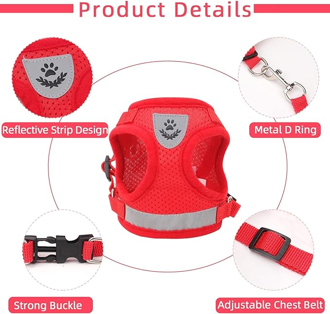 Cat Vest Harness and Small Dog Vest Harness for Walking, All Weather Mesh Harness, Cat Vest Harness with Reflective Strap, Step in Adjustable Harness for Small Cats (Red, S)