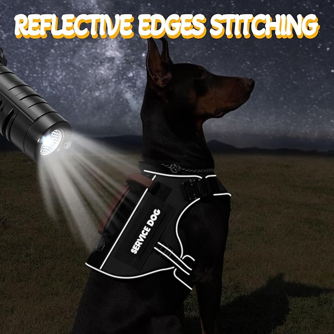 Service Dog Vest - HEYCAHVA Tactical Dog Harness Full Metal Buckles Dog Vest for Large Medium Dog Reflective No Pull Dog Harnesses Vest with Leather Handle, Hook & Loop for Hiking Training (Black, L)