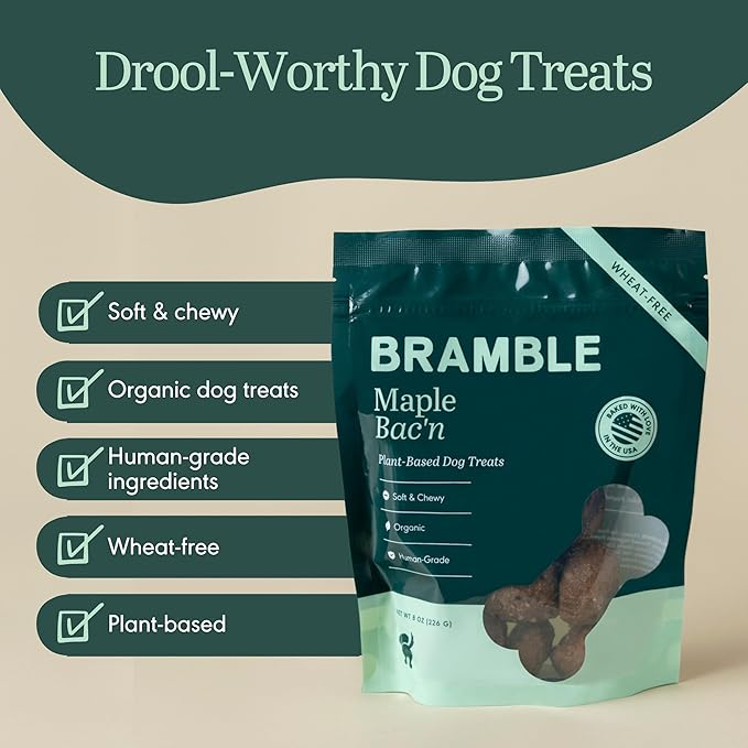 BRAMBLE Dog Treats. Plant-Based Treats for Dogs, Wheat-Free Everyday Dog Treats. Maple Bac'n, Made with Real Ingredients, Soft & Chewy Cookies. 8 oz