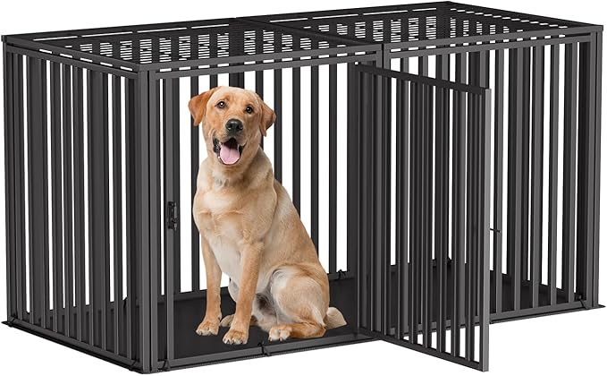 Steel Tube Heavy Large Dog Crate with Mat Base, 55" L x 32" H Dog Crates for Medium Large Dogs, Big Dog Cage, Dog Kennel, Puppy Dog Playpen with Top, Pet Cage, Indoor, Black2