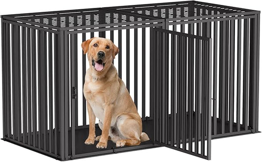Steel Tube Heavy Large Dog Crate with Mat Base, 55" L x 32" H Dog Crates for Medium Large Dogs, Big Dog Cage, Dog Kennel, Puppy Dog Playpen with Top, Pet Cage, Indoor, Black2