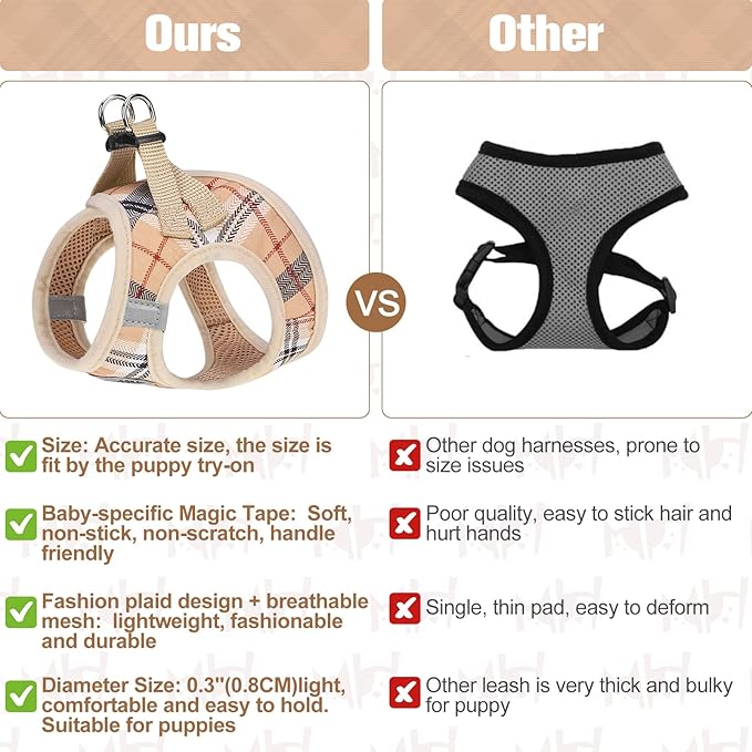 BEAUTYZOO Small Plaid Dog Harness and Leash Set for XS S Pets, Step in No Chock No Pull Soft Mesh Dog Vest Harnesses Reflective for Extra-Small/Small Medium Puppy Dogs and Cats, Beige S