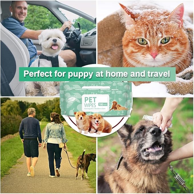 Air Jungles 3in1 Pet Wipes for Dogs and Cats 100 Count, Extra Large 8" x 10", Hypoallergenic Cleaning, Grooming, Deodorizing Wipes for Pets Paws Body Face Ear Butt