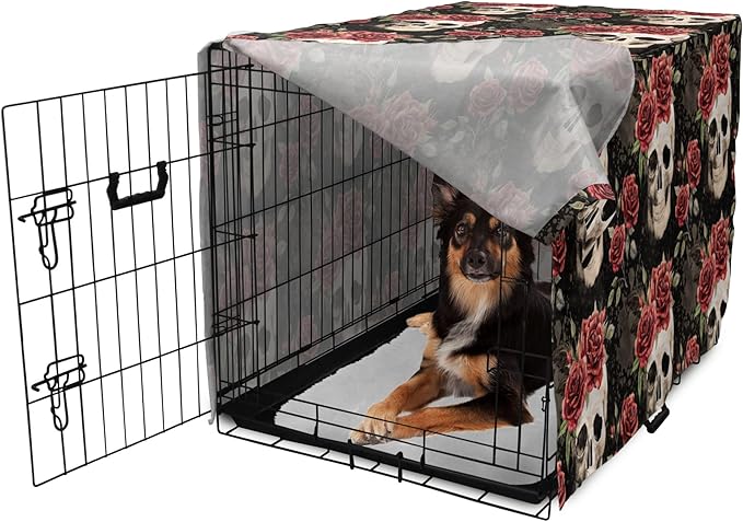 Lunarable Halloween Dog Crate Cover, Mexican Sugar Skull Rose Bouquets Spooky Traditional Humour Culture, Easy to Use Pet Kennel Cover for Medium Large Dogs, 36 Inch, Black Grey