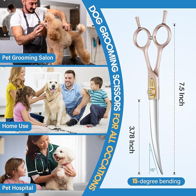 JASON 7.5" Dog Grooming Scissors - Professional Curved Shear with Ergonomic Handle Japanese 440C Stainless Steel Pet Scissor with Diamond Screw for Dogs, Cats and Other Animals
