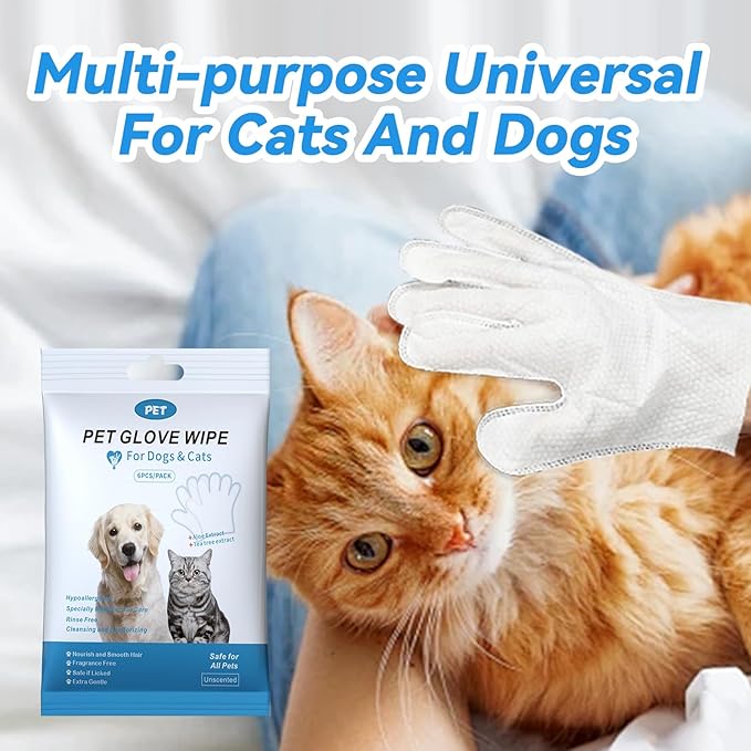 Pet Glove Wipes for Dogs Cats, Cleaning & Deodorizing Grooming Gloves, Dog Wipes for Body Daily Care, Cat Grooming Wipes Cleaning Fur Traveling Rinse Free, Odorless and Unscented, 3pack/18pcs