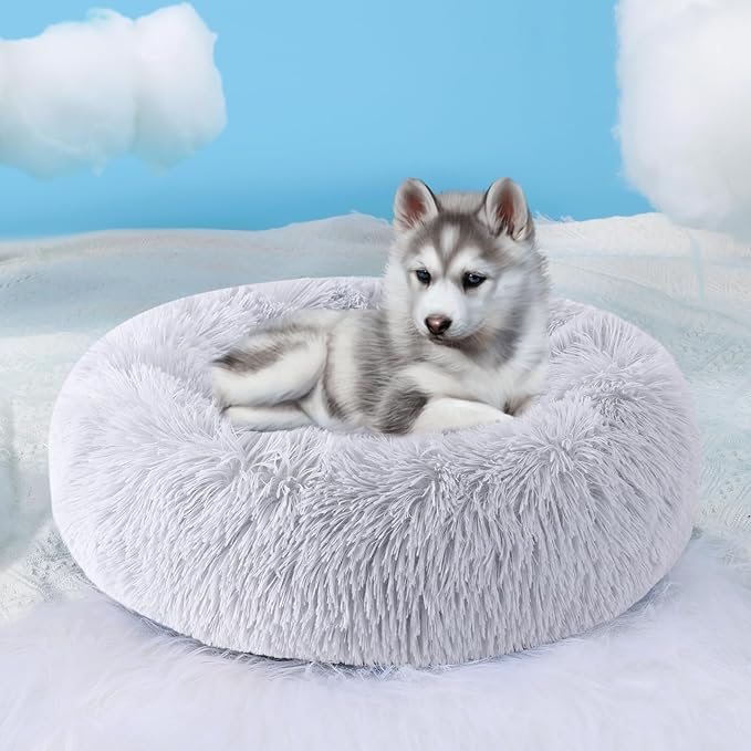 HYQ Small Dog Bed, Pet Beds for Small Dogs, Cat Beds for Indoor Cats, Fluffy Faux Fur Plush Small Dog Bed, Washable Puppy Bed with Anti-Slip Bottom, Dog Bed Small Size Dog (Light Gray, 17 Inch)