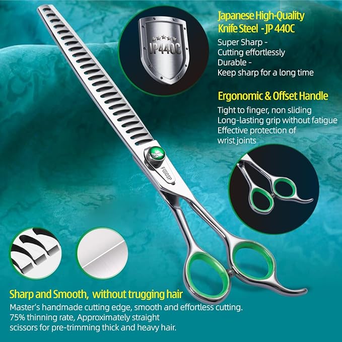 Professional Chunkers Shears for Dogs 7 inch Thinning Shears for Dogs Cats Pet Grooming Scissors Japanese 440C Stainless Steel 70% Thinning Rate 18 Teeth Green Clover