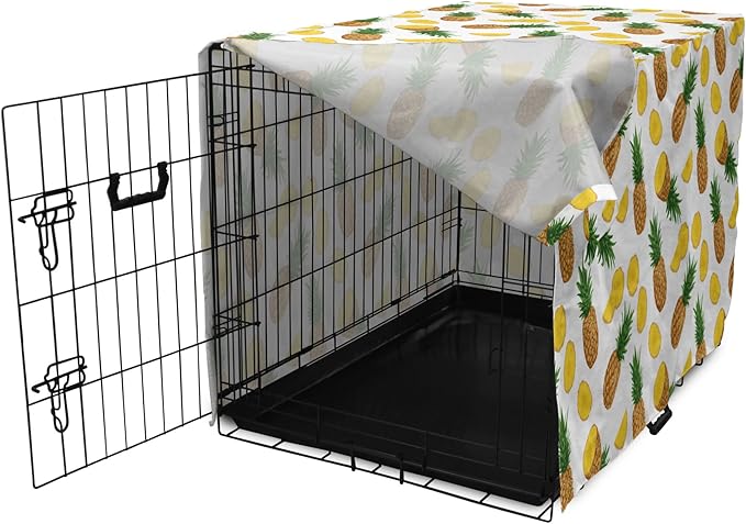 Lunarable Pineapple Dog Crate Cover, Sliced in Half Ananas Exotic Fruit Rhythmic Retro Look Print, Easy to Use Pet Kennel Cover for Cats & Medium Dogs, 24 Inch, Mustard Fern Green