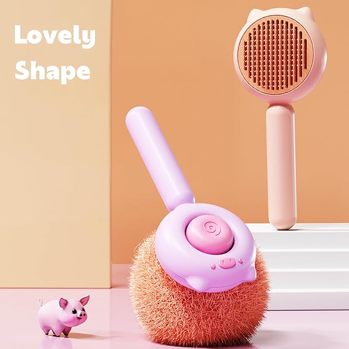 Piggy-Pink Hair Brush, Self Cleaning, Pet Grooming Brush for Shedding, Suitable for Short and Long Haired Cats Dogs and Other Fur Babies, Ergonomic Handle, Ideal Size (5.5 inches)