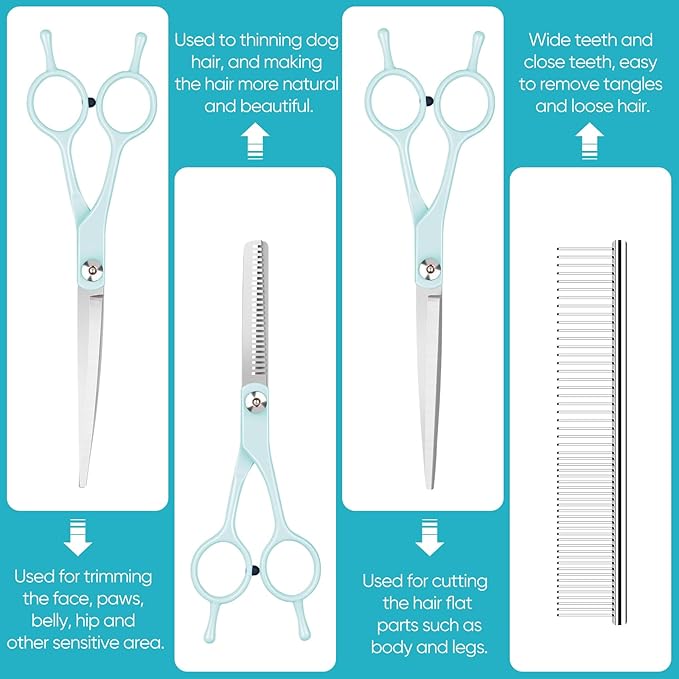 Dog Cat Grooming Scissors Kit,Pet Grooming scissors Set,Dog Scissors for Grooming,Incude Thinning,Straight,Curved Grooming Scissors and Comb for dogs, cats.