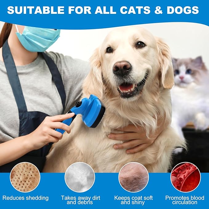 Dog and Cat Brush,Slicker Brush for Shedding Dogs and Cats,Suitable for Haired Pets,Grooming,Self-Cleaning,Perfect Retractable,Large(Blue)