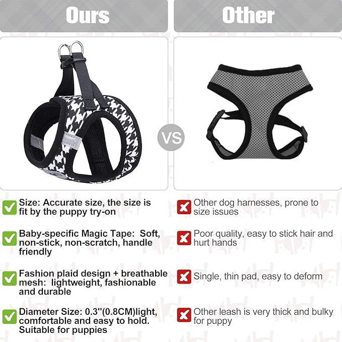BEAUTYZOO Small Dog Harness and Leash Set,Step in No Chock No Pull Soft Mesh Dog Harnesses Reflective for Extra-Small/Small Medium Puppy Dogs and Cats, Plaid Dog Vest Harness for XS S Pets, Black XS