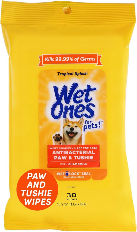 Wet Ones for Pets Paw & Tushie Dog Wipes with Chamomile, Tropical Splash Scent - Cleansing Doggie Wipes for Between Baths, Scented Travel Grooming Wipes, Dog Wipes for Paws and Butt, 30 Count