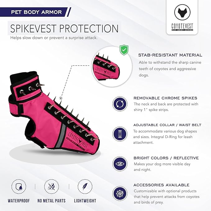 CoyoteVest SpikeVest Dog Harness Vest for Small Dogs, Reflective Dog Vest with Spikes to Shield Your pet from Coyotes, Raptor and Animal Attacks, Anti Hawk Vest, Made in USA (L-Pink)