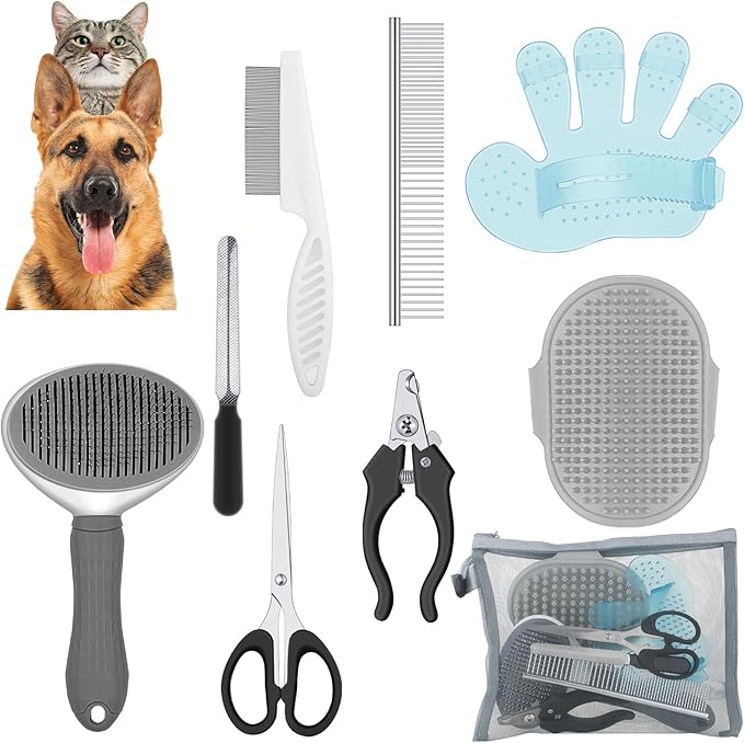 Yaomiao 9 Pcs Pet Grooming Kit - Self Cleaning Slicker Brush, Shedding Comb, Nail Clippers, File, Scissors with Adjustable Strap for Dogs and Cats