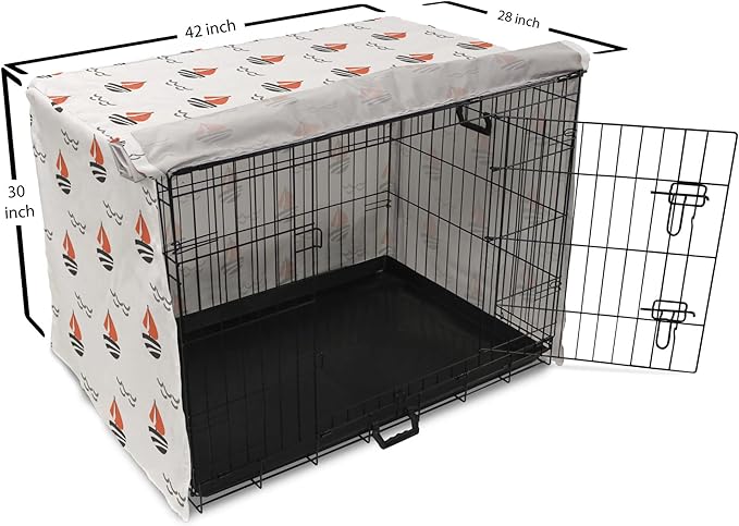 Lunarable Sail Boat Dog Crate Cover, Abstract Boat Waves Cartoon Drawing Style Geometric Pattern, Easy to Use Pet Kennel Cover for Medium Large Dogs, 42 Inch, Salmon Black Grey