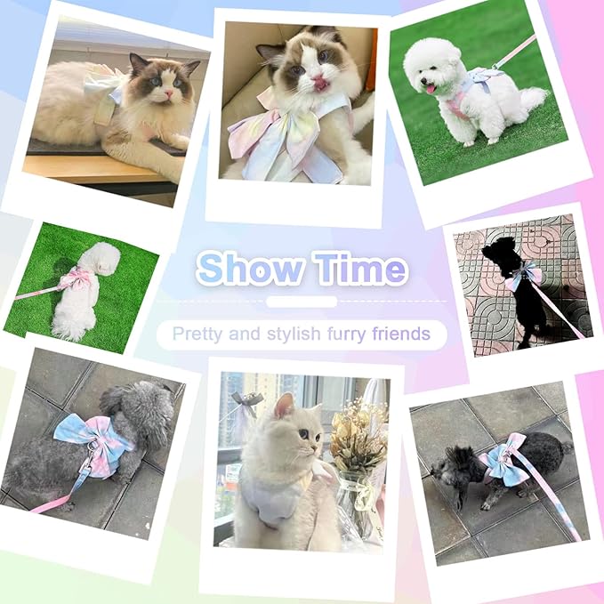 PETCARE Cute Bow Tie Dog Harness and Leash Set Elegant Rainbow Gradient Puppy Harness No Pull Soft Mesh Pet Cat Dog Vest Harnesses for Small Dogs Cats, Pink