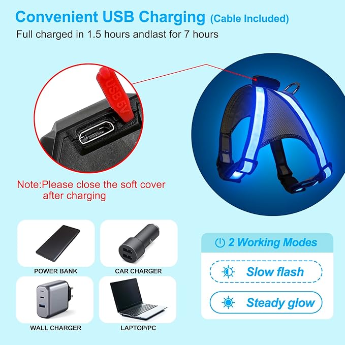 Visinite LED Dog Harness, USB Rechargeable Light Up Dog Harness Vest, 2 Illuminate Modes Glow in The Dark Dog Harness, Adjustable Lighted Dog Harness Light for Night Walking Safety (Blue, Small)