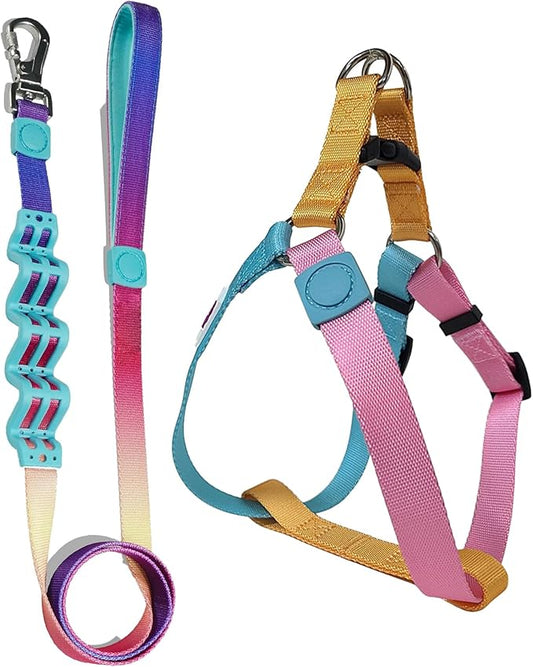Tri-Color Dog Harness and Purple Pink Gradient Shock Absorbing Dog Leash Set,Step-in Freedom Dog Vest Harness,Strong Padded Handle to Help Stop Pulling for Large Dog Walking and Traning