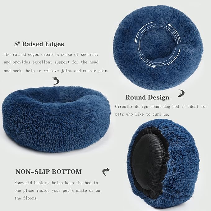 Puppy Bed for Calming Dog 23 Inches Navy Blue Anti-Anxiety Donut Dog Bed for Small Medium Dogs Washable Fuzzy Dog Bed Fits up to 15 lbs Pets Beds for Small Dog