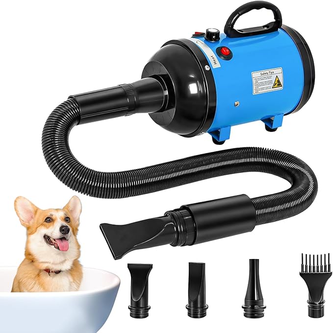 High Velocity 5.2HP 3500W Large Dog Hair Dryer with Heater for Grooming - Adjustable Temperature with 4 Nozzles (Blue)
