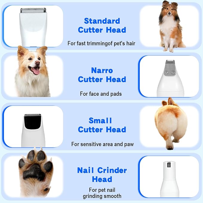 Dog Clippers Grooming Kit, 4 in 1 Rechargeable Low Noise USB Pet Trimmer Set, Clear Power Display Dog Hair Trimmer Cordless Quiet Nail Grinder Shaver for Dogs, Cats, Pets