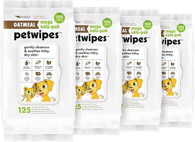 Petkin Mega Valu-Pak Pet Wipes, 500 Total Wipes - Oatmeal Pet Wipes for Dogs and Cats - for Face, Paws, Ears, and Body - Super Convenient Dog Cleaning Wipes, Ideal for Home or Travel - Easy to Use