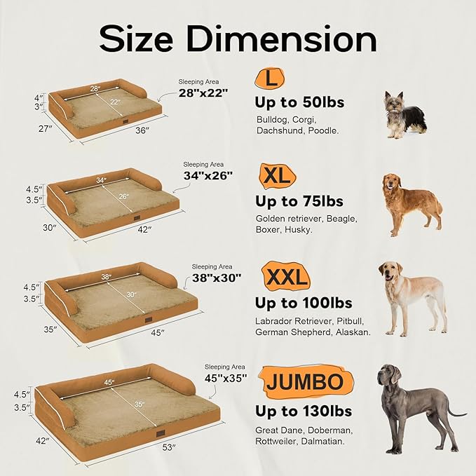 Large Dog Bed Orthopedic Washable, Orthopedic Dog Beds for Large Dogs, Washable Cover Removable Bolster and Non-Slip Bottom Large Pet Beds, XL XLarge Extra Large Dogs - Orange Dog Bed