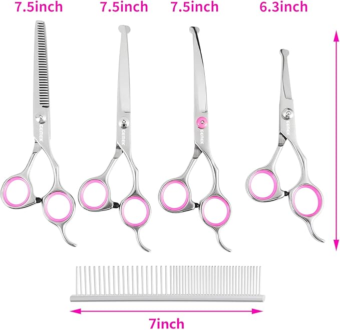 GEMEK Dog Grooming Scissors Set, 4CR Stainless Steel Safety Round Tip Pet Professional Grooming Tool 5 Pieces Kit - Straight, Curved, Thinning Shears & Comb for Dogs, Cats and Other Animals