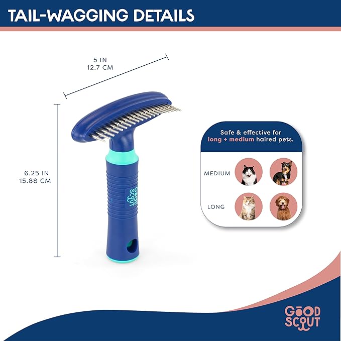 Good Scout Pet Hair Rake with Single Row Rotating Pins, Best Deshedding Tool for Dogs & Cats, Gentle, Safe & Effective Grooming Tool for Short or Long Haired Animals