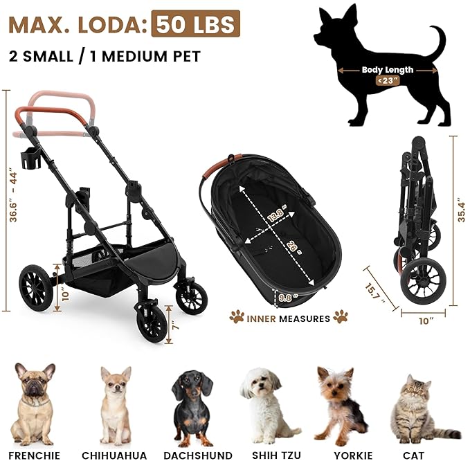Pet Stroller with 4 Wheels, Foldable Pet Travel Carrier for Small/Medium Dogs Cats up to 50lbs, Detachble Portable Pet Bag, Storage Basket, Car Seat 3 in 1 Multifunctional (Black)