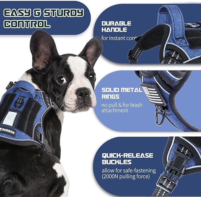 BUMBIN Tactical Dog Harness for Small Dogs No Pull, Famous TIK Tok No Pull Puppy Harness, Fit Smart Reflective Pet Walking Harness for Training, Adjustable Dog Vest Harness with Handle Denim Blue XL