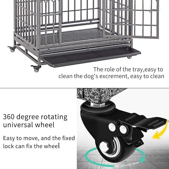 SMONTER 38" Heavy Duty Dog Crate Strong Metal Pet Kennel Playpen with Two Prevent Escape Lock, Large Dogs Cage with Wheels, Y Shape, Dark Silver … …