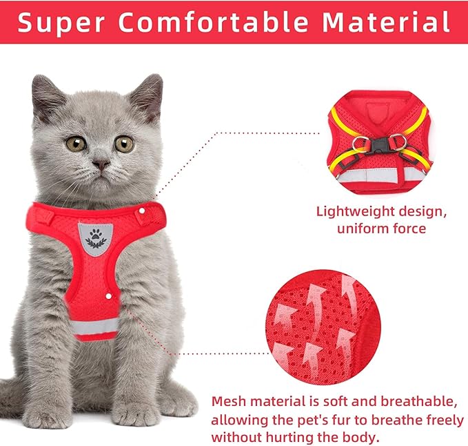 Cat Vest Harness and Small Dog Vest Harness for Walking, All Weather Mesh Harness, Cat Vest Harness with Reflective Strap, Step in Adjustable Harness for Small Cats (Red, S)