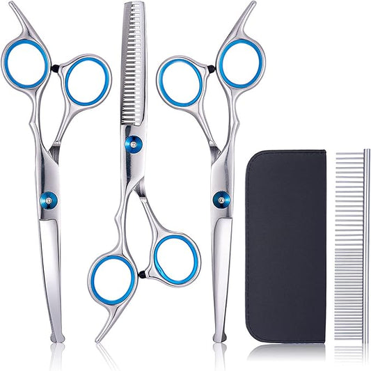 Professional Dog Grooming Scissors Kit with Round Tip Pet Grooming Scissors Kit-Straight & Thinning & Curved Pet Trimming Cutting Shears & Comb Set for Dog & Cat Grooming