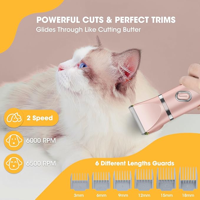 Upgrade Dog Grooming Kit, Cordless Dog Paw Trimmer, 4 in 1 Low Noise Pets Hair Clipper Grooming Kit, 2-Speed Nail Grinder with Stainless Steel Blade for Small Pet with Thick Coats (Pink)