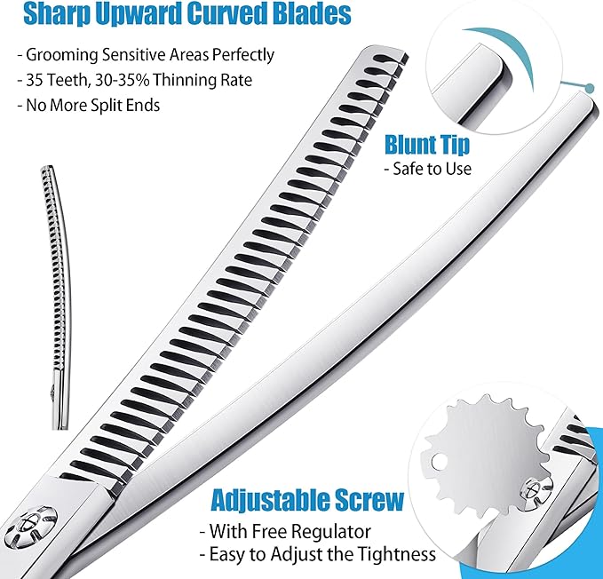 7" Upward Curved Dog Chunker Thinning Scissors Silver Dog Grooming Scissors Professional Blending Texturizing Trimming Shears for Dog Cat Pet Japanese Stainless
