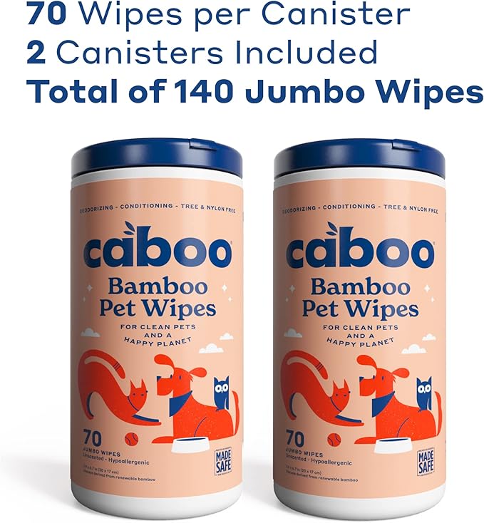 Caboo Tree Free Pet Wipes for Dogs & Cats, Natural, Deodorizing, Hypoallergenic Cleaning Wipes for Eyes, Ears, Paws, & Face (Unscented, 2 Canisters, Total of 140 Jumbo Wipe)
