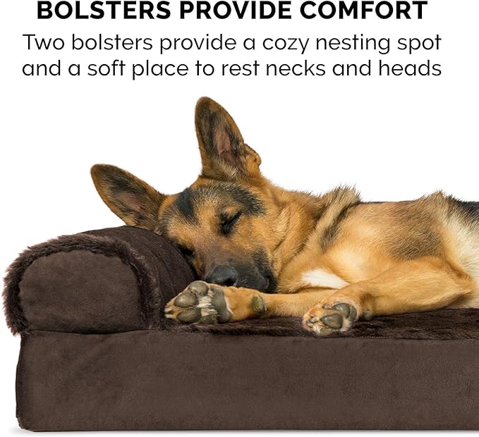 Furhaven Orthopedic Dog Bed for Large/Medium Dogs w/ Removable Bolsters & Washable Cover, For Dogs Up to 55 lbs - Plush & Velvet L Shaped Chaise - Sable Brown, Large