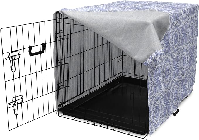 Lunarable Mandala Dog Crate Cover, Ceremonial Retro Minimal Far Eastern Pattern, Easy to Use Pet Kennel Cover for Medium Large Dogs, 42 Inch, Lavender Blue and White