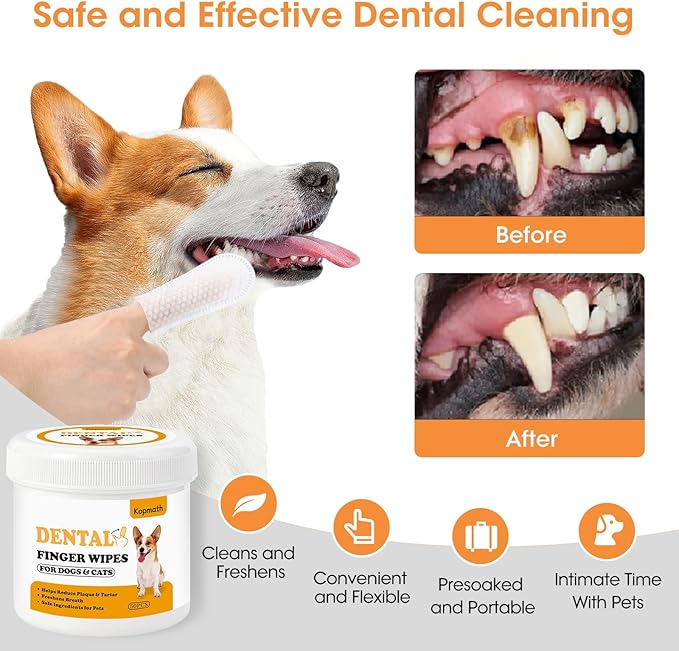 Teeth Cleaning Finger Wipes, Dog Dental Wipes, Reduce Plaque & Tartar, Freshen Breath, Safe & Natural Pet Dental Wipes for Dogs Teeth, Portable Dog Tooth Wipes for Cats,100 Ct,Unscented