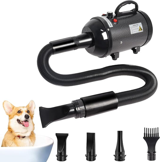 Large Dog Grooming Dryer - 5.2HP 3800W High Velocity Hair Dryer with Heater, Adjustable Temperature, and 4 Nozzles (Black)